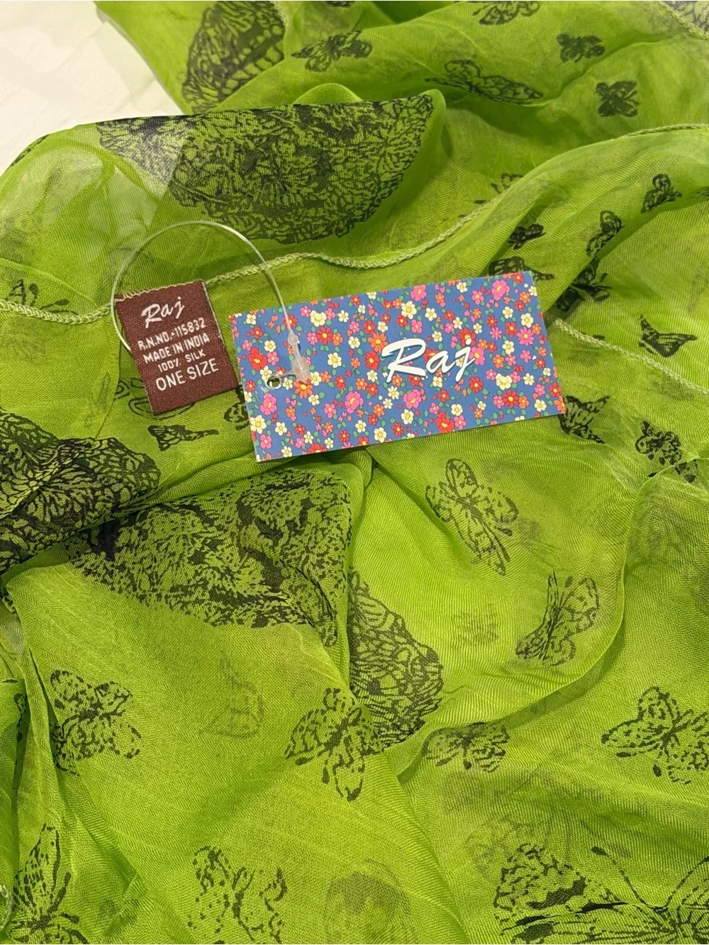 Raj Green Butterfly Floral Print 100% Silk Sheer Scarf Wrap NWT